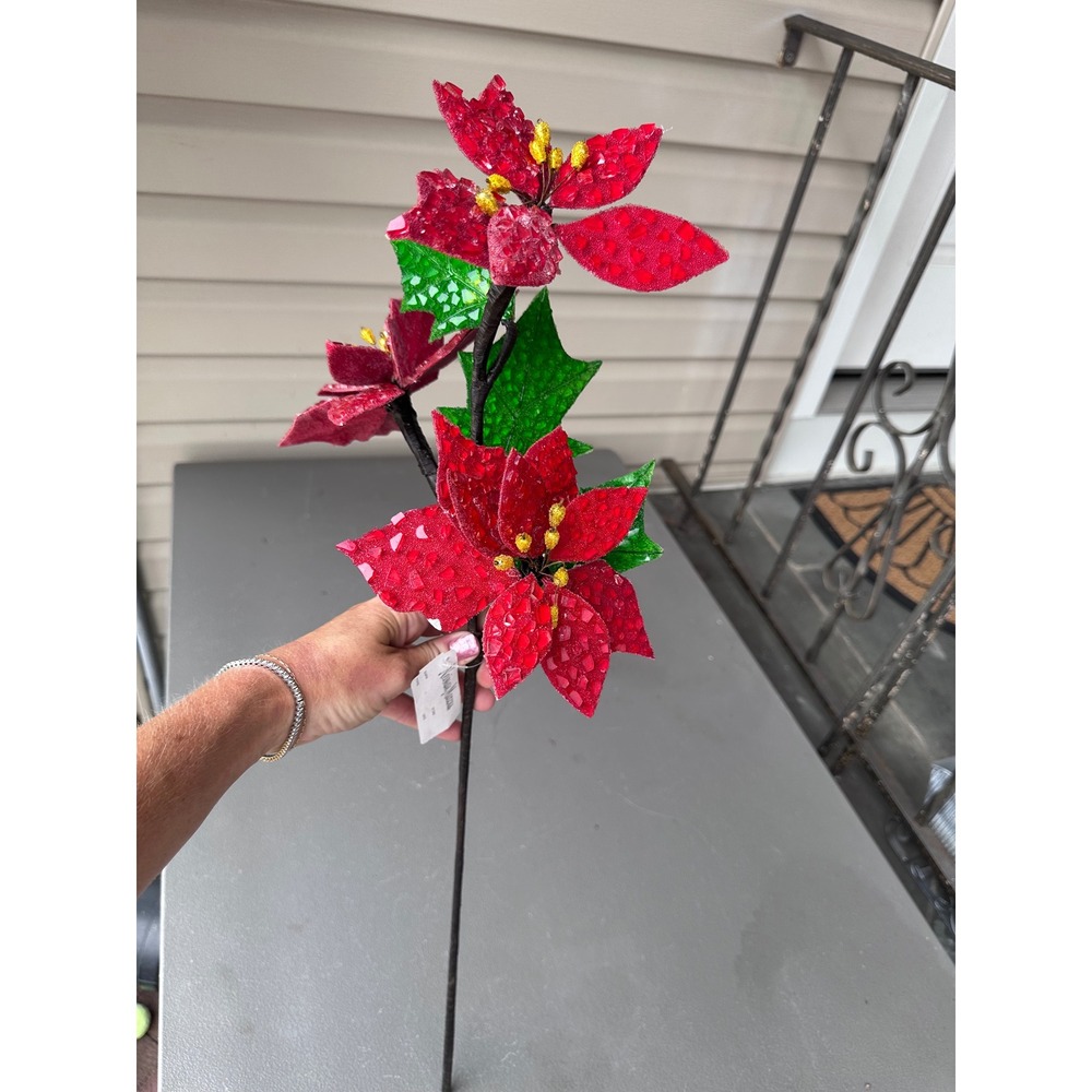 Neiman Marcus Red Beaded Poinsettia Christmas Floral Stem 31 Inch Holiday Decor